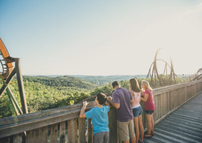 four people standing on a bridge looking at the view