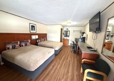 a hotel room with two beds and a television